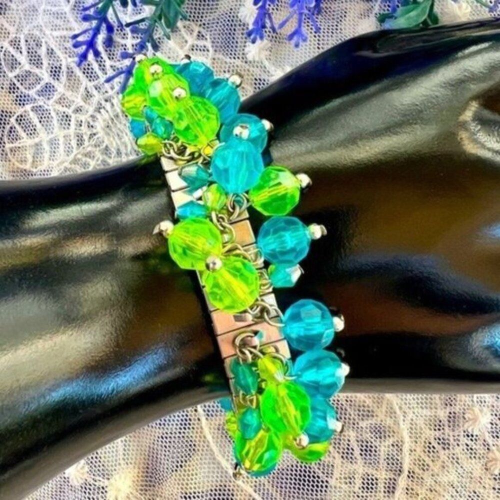 Vintage Green & Blue Acrylic Bead Watchband Chacha Bangle - Picture 4 of 8